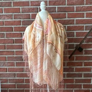 •Hand painted Handmade Silk Fringed Boho Scarf  Wrap NWOT 41”x42” Made in India